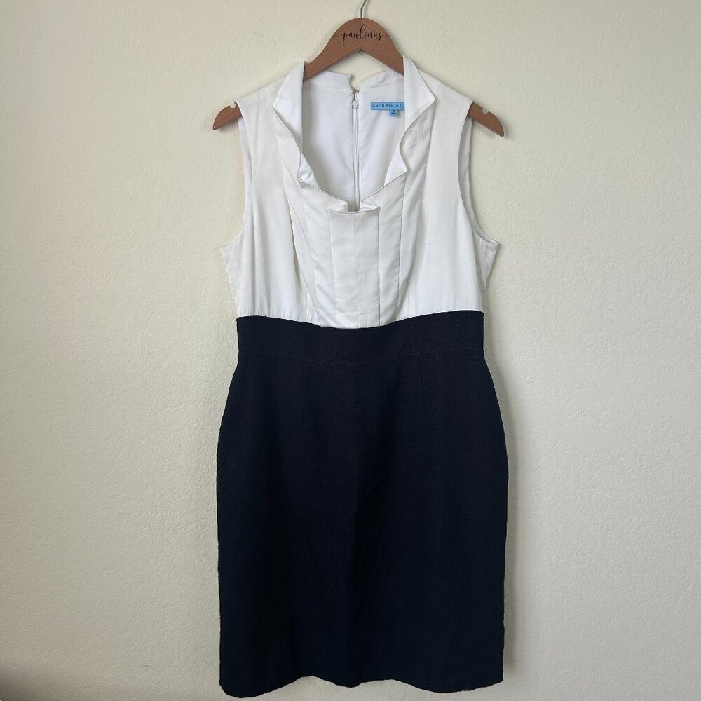 Antonio Melani Dress Womens 12 White Navy Vanya Ruffle Silk Career Sheath